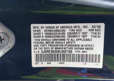 2008 Honda Cr-V Lx from USA, damaged, VIN 5J6RE38358L002100